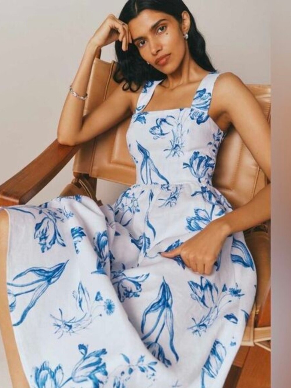 Reformation Frieda Blue Floral Square-Neck Midi Dress Linen Size 6